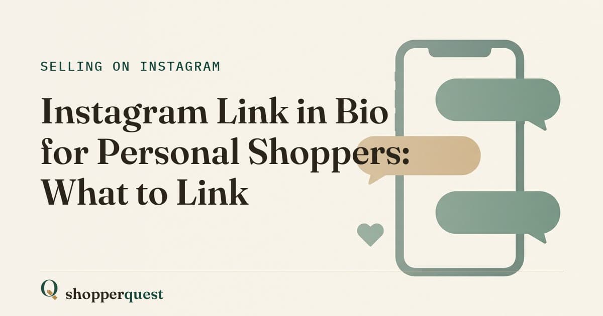 Branded Shopperquest guide card with the title Instagram Link in Bio for Personal Shoppers.