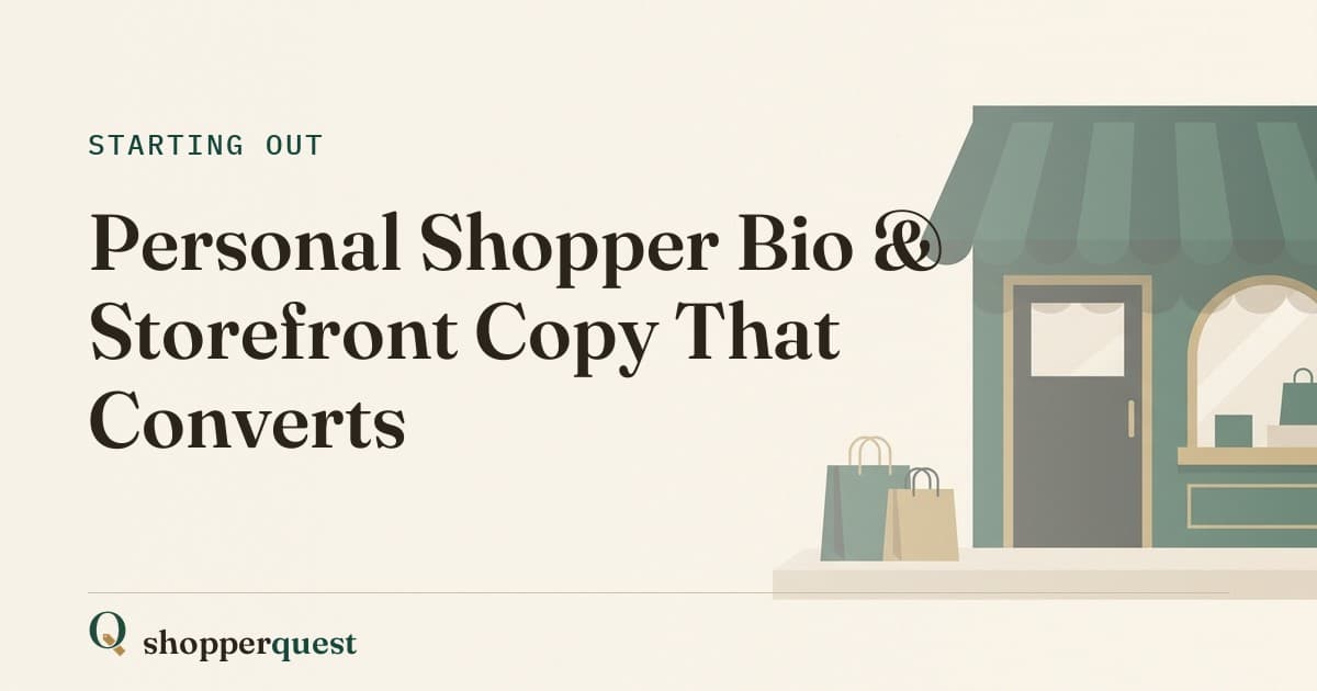Branded Shopperquest guide card with the title Personal Shopper Bio and Storefront Copy That Converts.