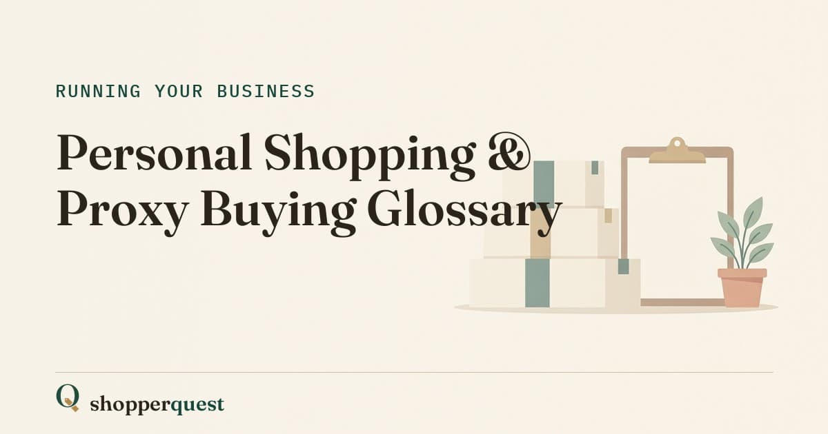 Branded Shopperquest guide card with the title Personal Shopping & Proxy Buying Glossary.