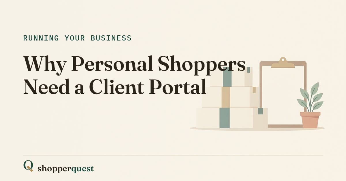 Branded Shopperquest guide card showing the title Why Personal Shoppers Need a Client Portal.