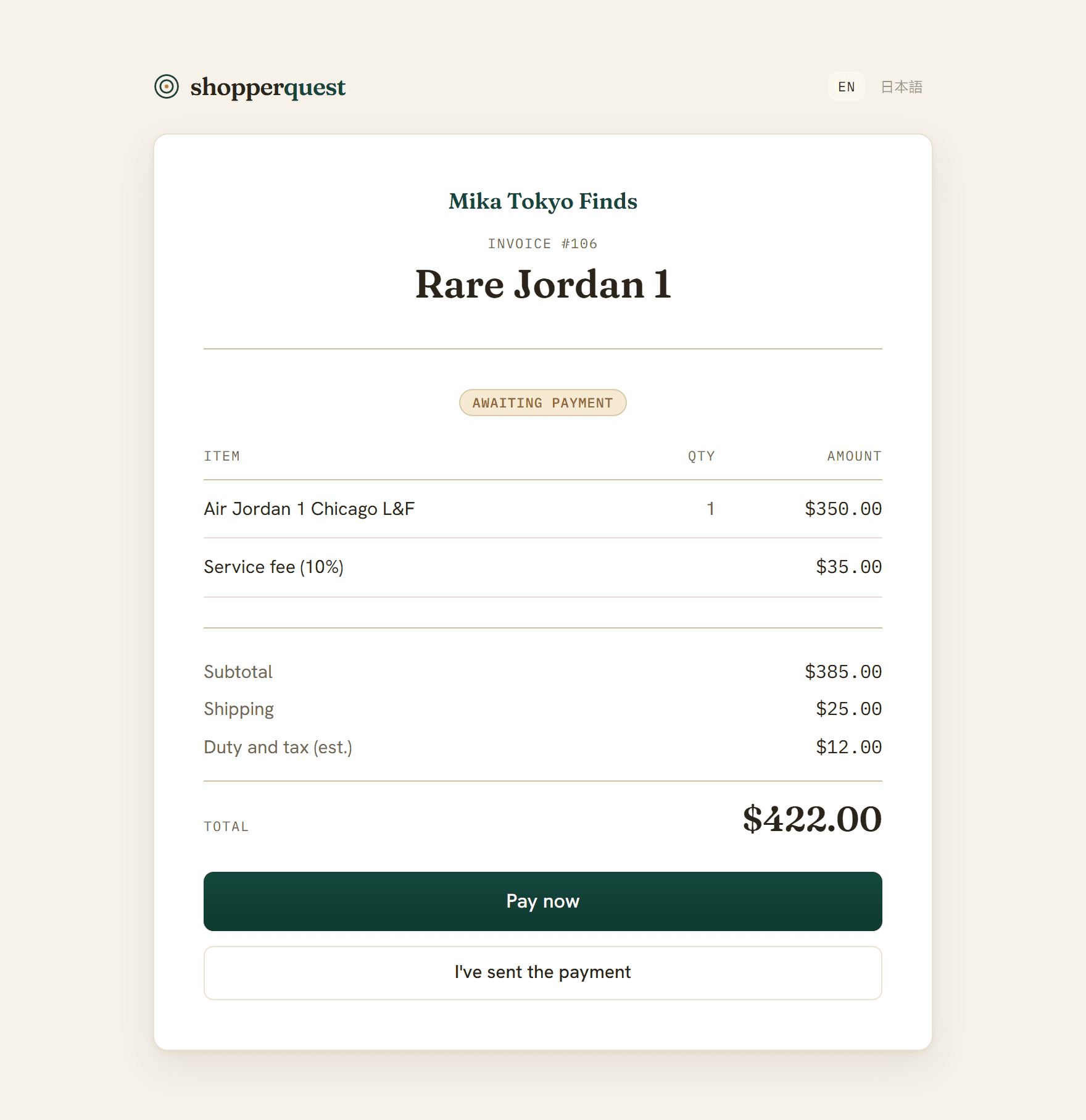 The branded Shopperquest invoice a client opens from a chat link.