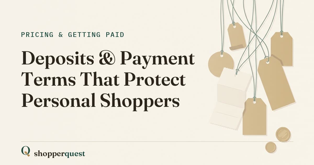 Branded Shopperquest guide card with the title Deposits & Payment Terms That Protect Personal Shoppers.