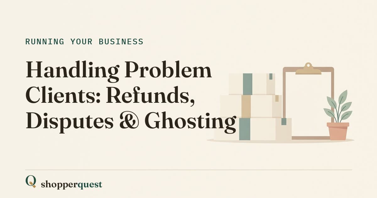 Branded Shopperquest guide card with the title Handling Problem Clients: Refunds, Disputes & Ghosting.