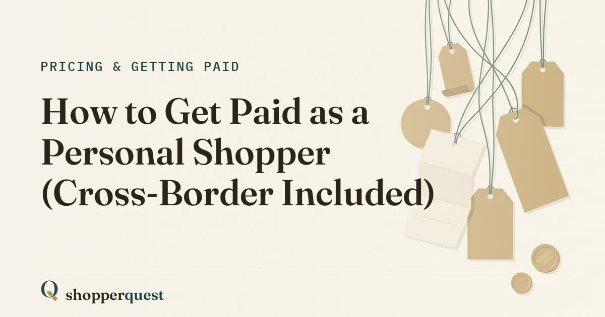 Branded Shopperquest guide card with the title How to Get Paid as a Personal Shopper.