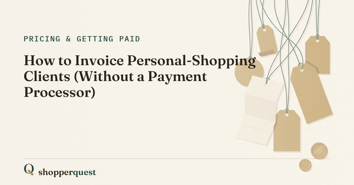 Branded Shopperquest guide card showing the title How to Invoice Personal-Shopping Clients (Without a Payment Processor).