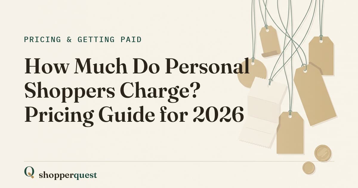 Branded Shopperquest guide card showing the title How Much Do Personal Shoppers Charge? Pricing Guide for 2026.