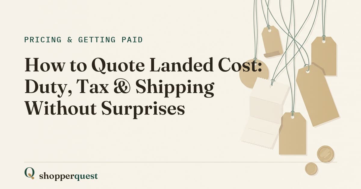 Branded article card showing the title How to Quote Landed Cost: Duty, Tax & Shipping Without Surprises.