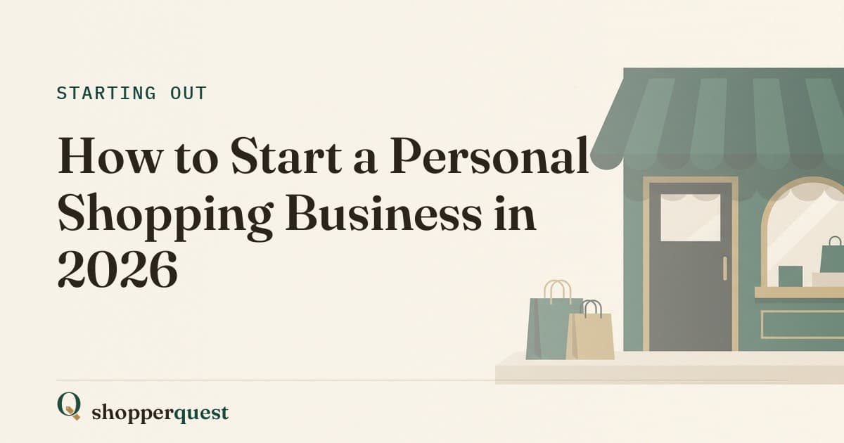 Branded Shopperquest guide card titled How to Start a Personal Shopping Business in 2026.