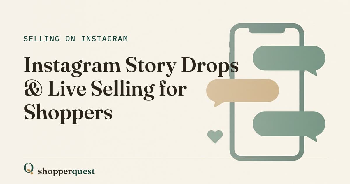 Branded Shopperquest guide card with the title Instagram Story Drops and Live Selling for Shoppers.