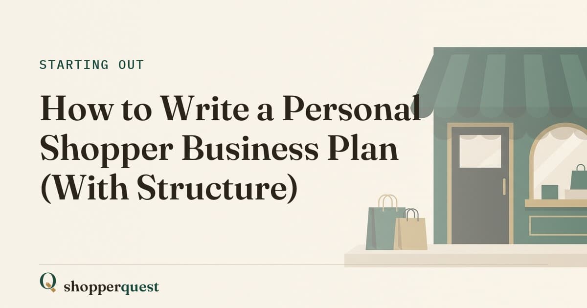 Branded Shopperquest article card with the title How to Write a Personal Shopper Business Plan.