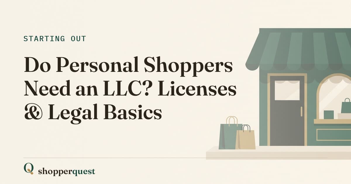 Branded Shopperquest article card with the title Do Personal Shoppers Need an LLC? Licenses & Legal Basics.