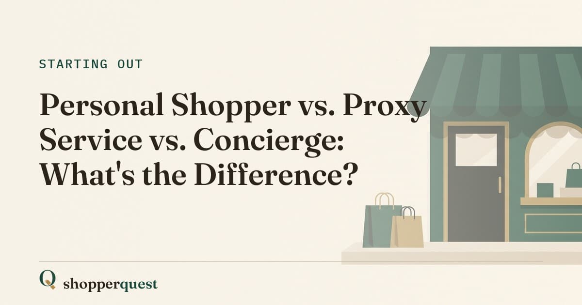 Branded Shopperquest guide card titled Personal Shopper vs. Proxy Service vs. Concierge.