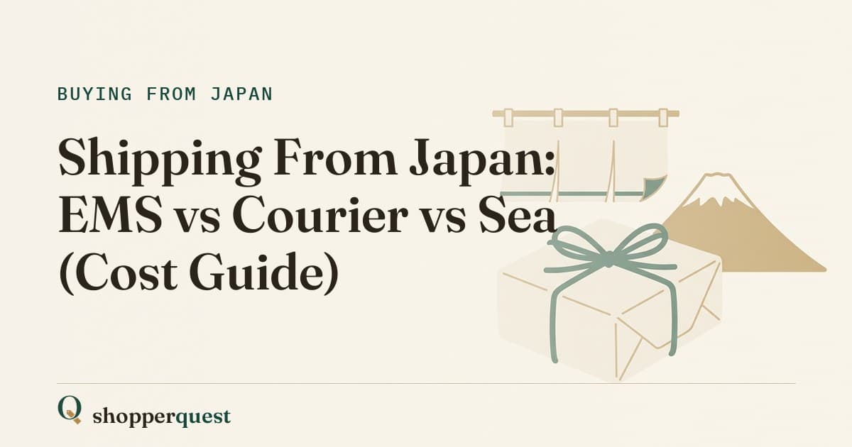 Branded article card showing the title Shipping From Japan: EMS vs Courier vs Sea Cost Guide.